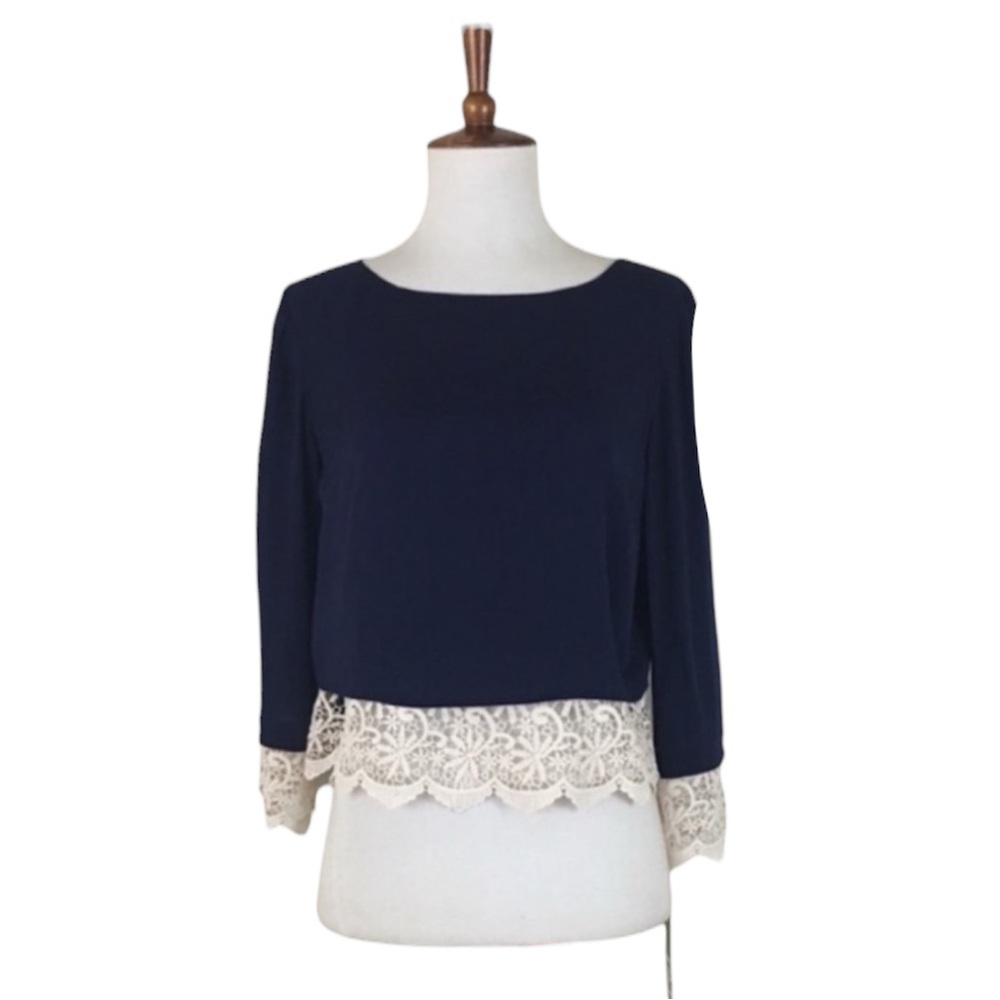 Gianni Bini Lace Trim Top 3/4 Sleeve Crew Neck‎ Cropped Casual Boho Chic